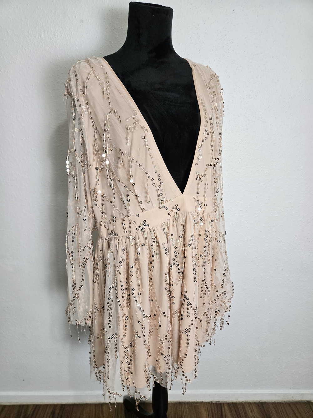 Beaded Deep V-Neck Long Sleeve Dress - Blush Double Crazy 2xl